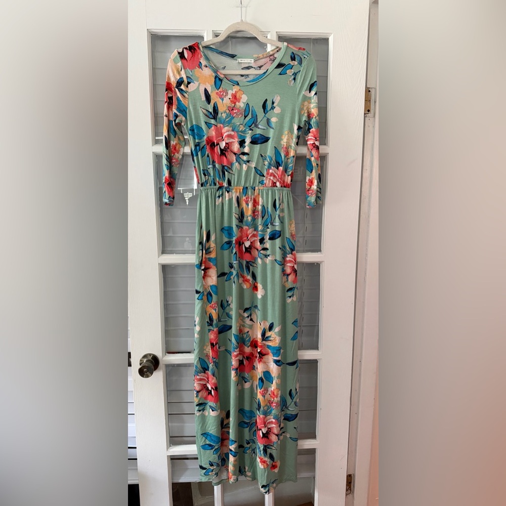 Reb & J 220 Women’s S Mint Green Floral Maxi Stretchy Soft Dress | SKU 0207
